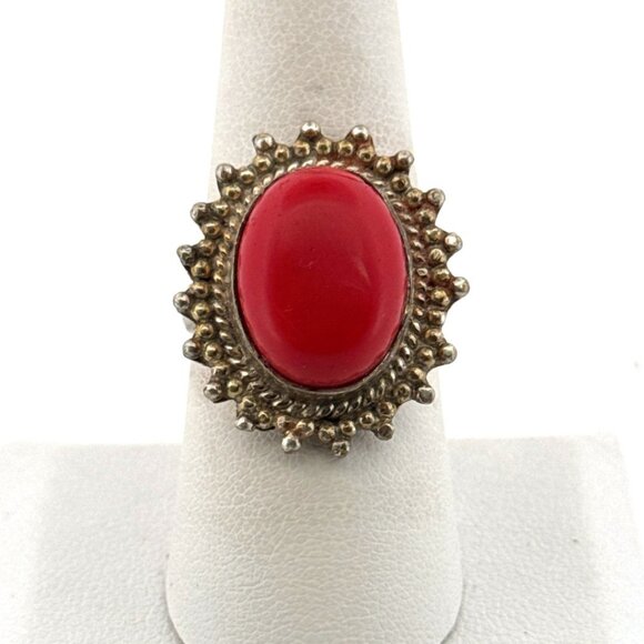 Vintage Estate Sterling Silver 925 Red Cabochon Ring Size 7.5 Beaded Frame - Picture 1 of 8